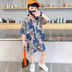  Showlu Fashion Store Summer Teenage Boy Clothes Set Cartoon Bear Short Sleeve Lapel Shirts and Shorts Suit Children's Boys Top and Bottom Streetwear