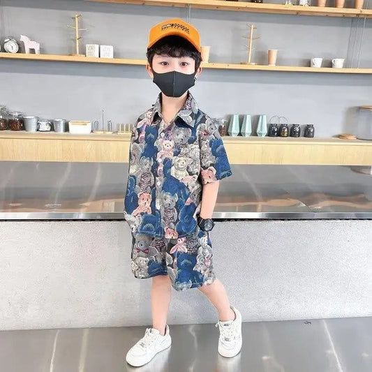  Showlu Fashion Store Summer Teenage Boy Clothes Set Cartoon Bear Short Sleeve Lapel Shirts and Shorts Suit Children's Boys Top and Bottom Streetwear