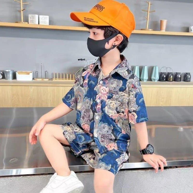  Showlu Fashion Store Summer Teenage Boy Clothes Set Cartoon Bear Short Sleeve Lapel Shirts and Shorts Suit Children's Boys Top and Bottom Streetwear