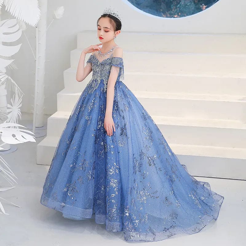  Showlu Fashion Store Sweep Train / 100(2-3Y) Flower Girls Embroidered Long Evening Gowns Children Formal Occasion Dress for Weddings Pageant Luxury Sweep Train Dresses Kids