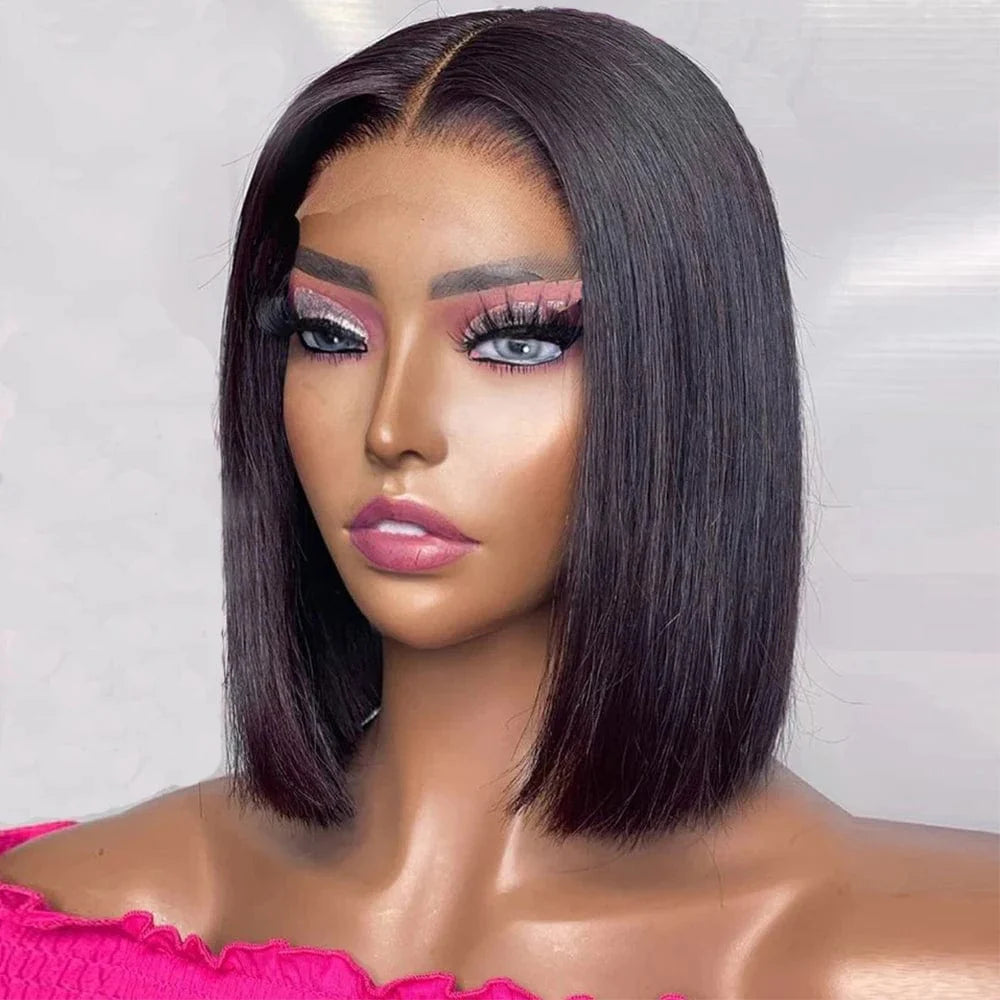 Simmel Brazilian straight lace front short bob wig in natural color with highlights, 12 inches, human hair, straight style.