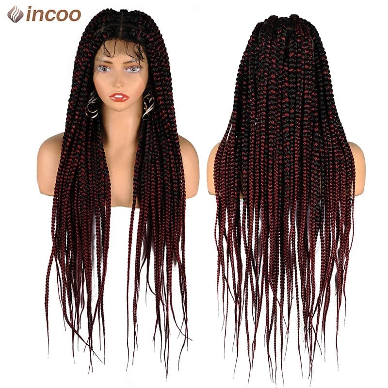 SHOWLU FASHION STORE T1B Burgundy / CHINA / 36inch|full lace wigs Synthetic Large Box Braided Wigs Jumbo Knotless Full Lace Front Wigs For Black Women Jumbo Tribal Braids Faux Locs Cornrows Wig