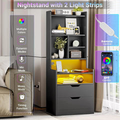 SHOWLU FASHION STORE Tall Nightstand Set of 1/2, LED Nightstand with Charging Station, Tall Bedside Table with Shelves and 2 Drawers, Side End Table