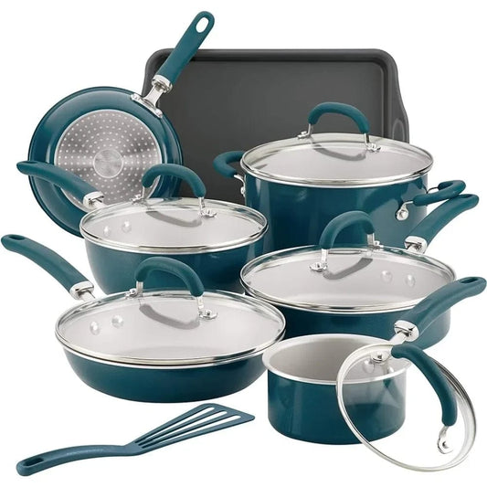  Showlu Fashion Store Teal Shimmer / United States Non-stick Cookware For Kitchen Pots Offers 13 Piece Teal Shimmer Create Delicious Nonstick Cookware Pots And Pans Set Pot Dining