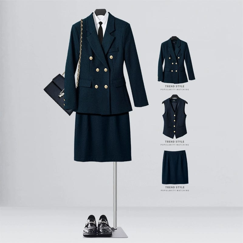 SHOWLU FASHION STORE [Three-piece] navy blue suit + vest + elastic waist overskirt / XL((57.50 kg-62.50 kg) Business Temperament Goddess Temperament Workwear Suit Vest