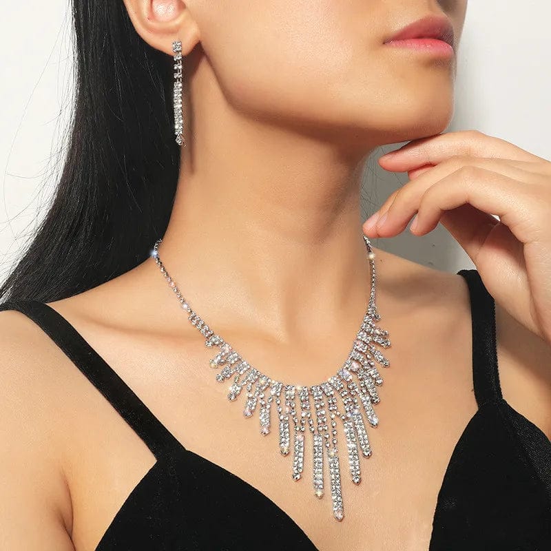  Showlu Fashion Store TL135 FYUAN Luxury Geometric Rhinestone Necklace Earrings For Women Long Tassel Jewelry Sets Ladies Weddings Banquet Accessory