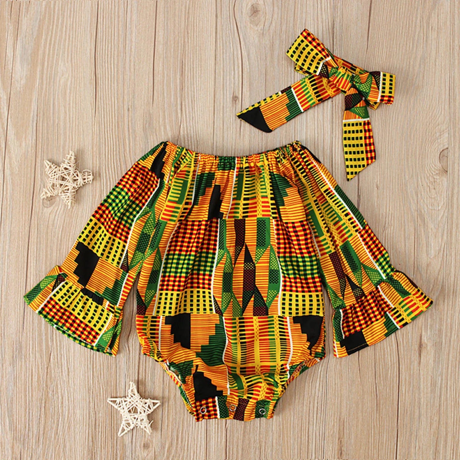  Showlu Fashion Store Toddler African Print Off Shoulder Romper+Headband Set Baby Girls Infant Outfits Cute Jumpsuit Hair Band Bodysuits Clothes