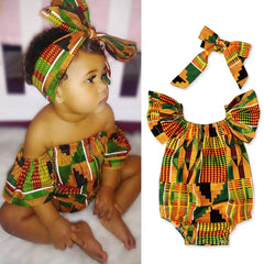  Showlu Fashion Store Toddler African Print Off Shoulder Romper+Headband Set Baby Girls Infant Outfits Cute Jumpsuit Hair Band Bodysuits Clothes