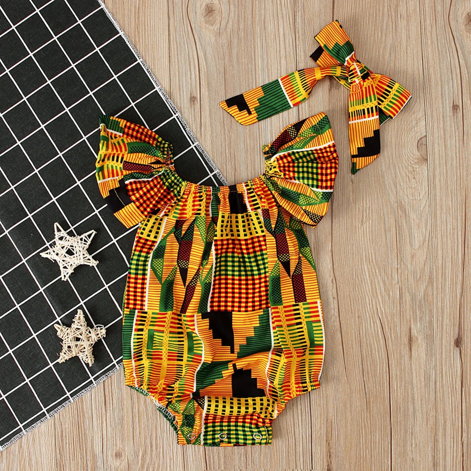  Showlu Fashion Store Toddler African Print Off Shoulder Romper+Headband Set Baby Girls Infant Outfits Cute Jumpsuit Hair Band Bodysuits Clothes