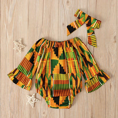  Showlu Fashion Store Toddler African Print Off Shoulder Romper+Headband Set Baby Girls Infant Outfits Cute Jumpsuit Hair Band Bodysuits Clothes