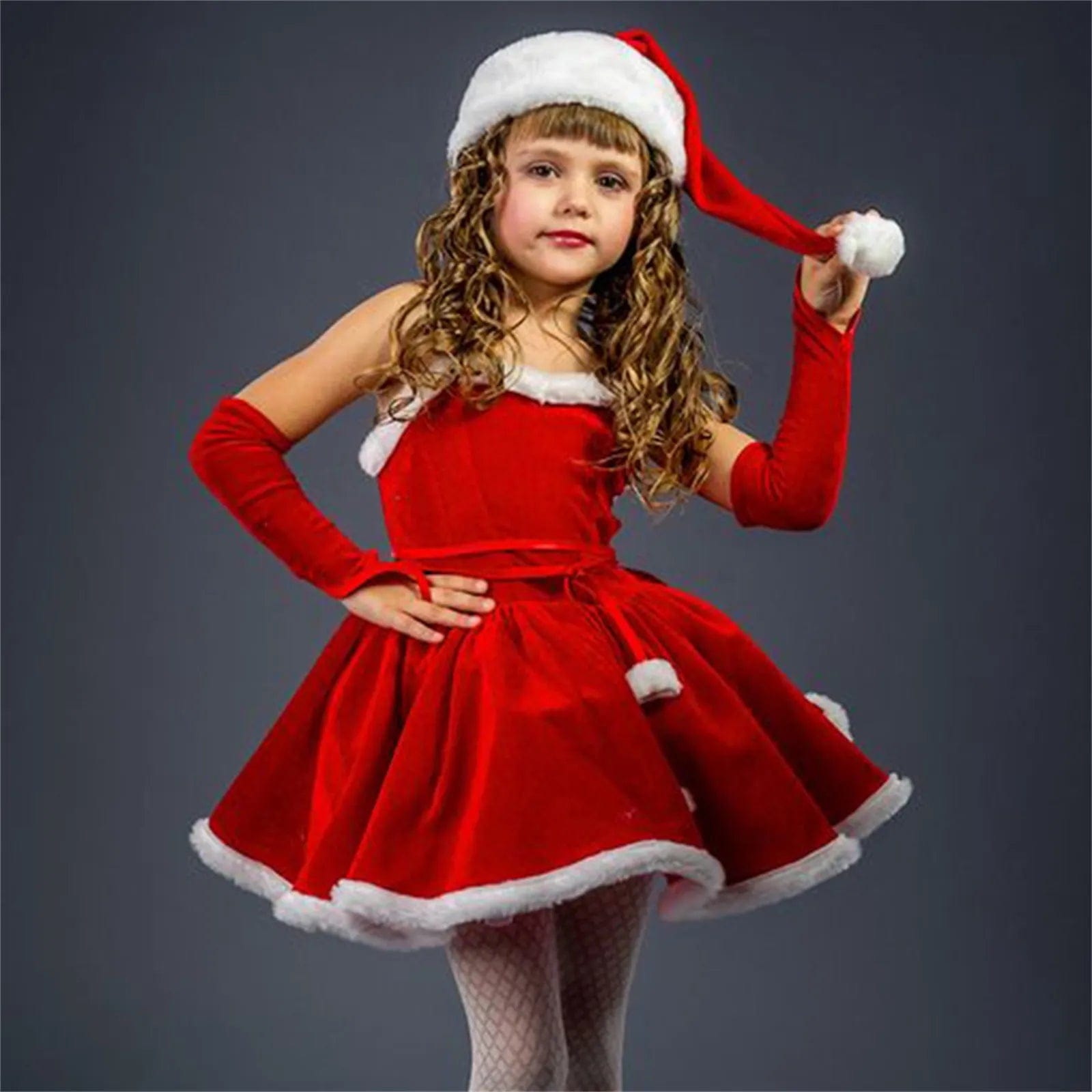  Showlu Fashion Store Toddler Newborn Baby's Clothes Girls Christmas Santa Costume Sleeveless Belted Dress Gloves Hat Set Children's Clothing Winter