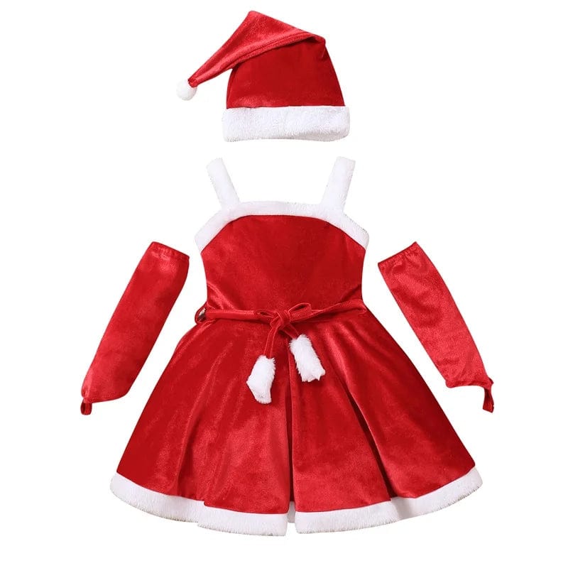  Showlu Fashion Store Toddler Newborn Baby's Clothes Girls Christmas Santa Costume Sleeveless Belted Dress Gloves Hat Set Children's Clothing Winter