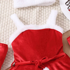  Showlu Fashion Store Toddler Newborn Baby's Clothes Girls Christmas Santa Costume Sleeveless Belted Dress Gloves Hat Set Children's Clothing Winter