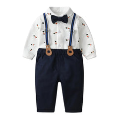 Showlu Fashion Store Top and pants / 3T Kids Boy First Birthday Cosumes Bear Printed Shirt With Bowknot + Suspender Pants Children Korean Fashion Cartoon Clothes