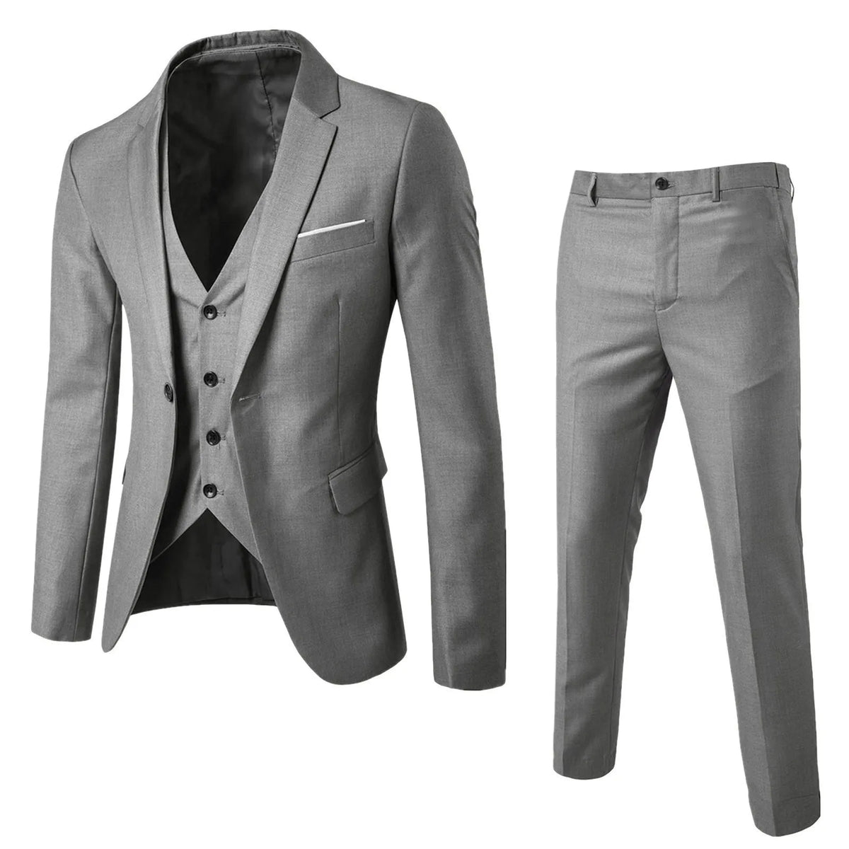 Showlu men's 3-piece slim fit business suit with solid cotton blend fabric, featuring a tailored jacket, vest, and matching trousers.