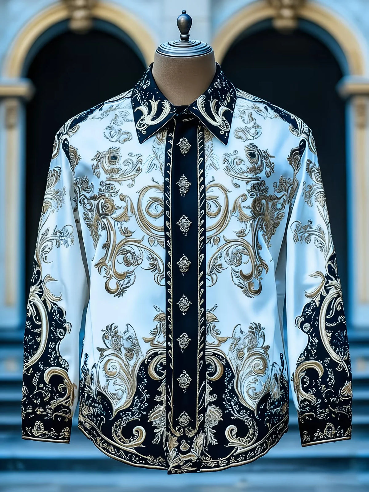 Showlu Men's iris flower 3D print silk shirt with long sleeves, slim fit design, stylish top for men's fashion.