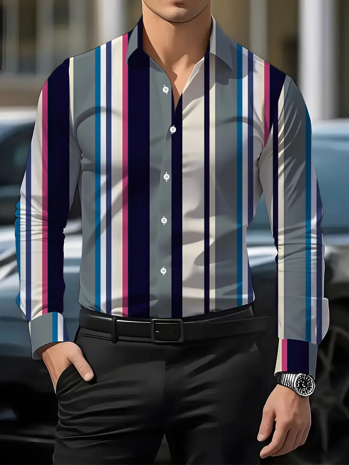 Showlu men's vertical striped long sleeve casual shirt in polyester print, featuring a stylish and comfortable tops design.