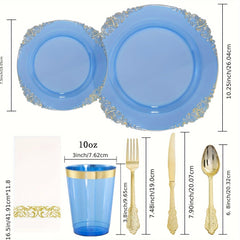 Showlu Fashion Store Transparent Blue 350PCS Blue Plastic Plates - Blue Plastic Dinnerware Sets for 50 Guests - 100 Blue Disposable Party Plates, 150Gold Plastic Silverware, 50Cups, 50Napkins for Wedding & Party