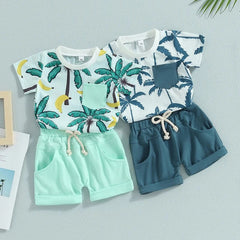  Showlu Fashion Store Tregren Infant Boy Summer Clothes Suits Beach Style Tree Print Short Sleeve Crew Neck T-Shirts and Elastic Waist Shorts 2Pcs Set