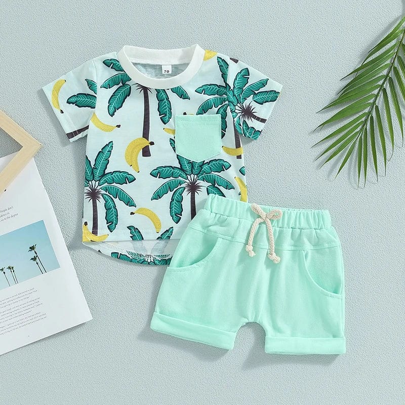  Showlu Fashion Store Tregren Infant Boy Summer Clothes Suits Beach Style Tree Print Short Sleeve Crew Neck T-Shirts and Elastic Waist Shorts 2Pcs Set