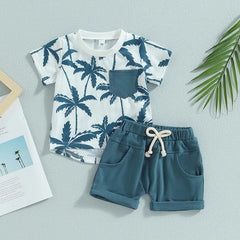  Showlu Fashion Store Tregren Infant Boy Summer Clothes Suits Beach Style Tree Print Short Sleeve Crew Neck T-Shirts and Elastic Waist Shorts 2Pcs Set