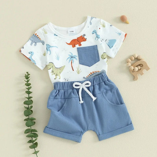  Showlu Fashion Store Tregren Toddler Baby Boy Summer Outfits Round Neck Short Sleeve Dinosaur Print Tops + Elastic Waist Shorts Infant Clothes Sets