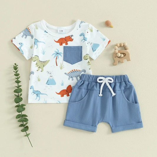  Showlu Fashion Store Tregren Toddler Baby Boy Summer Outfits Round Neck Short Sleeve Dinosaur Print Tops + Elastic Waist Shorts Infant Clothes Sets