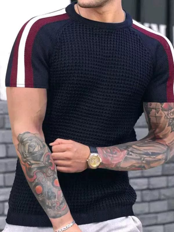  Showlu Fashion Store Trendy round Neck Contrast Color Men's Casual Top T-shirt with Short Sleeves