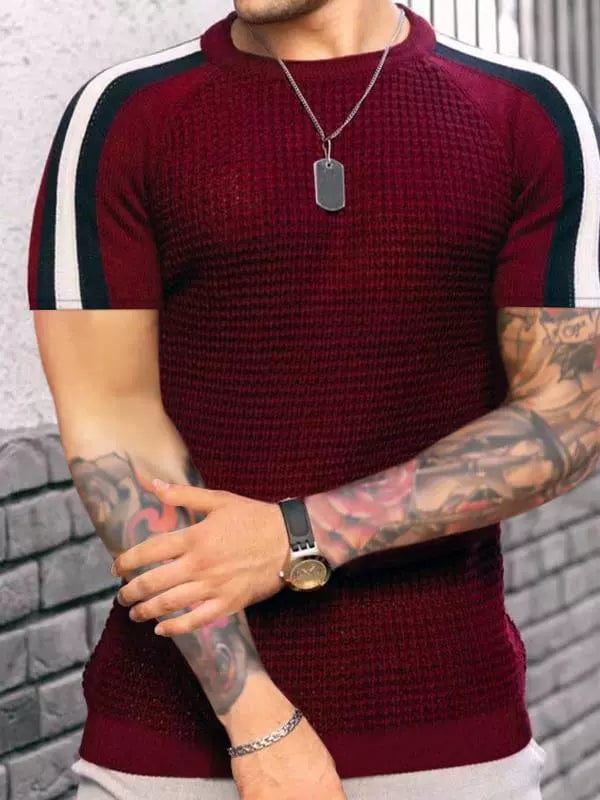  Showlu Fashion Store Trendy round Neck Contrast Color Men's Casual Top T-shirt with Short Sleeves