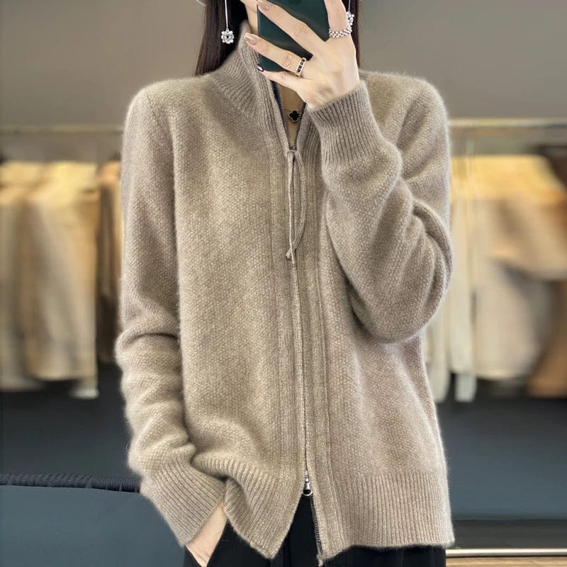 SHOWLU FASHION STORE tuo / M / CHINA High Quality 100% Wool Women's Cardigan Standing Collar Bidirectional Zipper  Cashmere Sweater Autumn and Winter Sweater Jacket