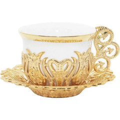  Showlu Fashion Store Turkish Coffee Cup Set, White Porcelain and Zinc Metal with Turkish Motifs, 6 Cups and Saucers (Gold)