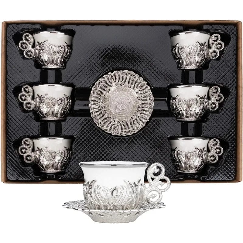  Showlu Fashion Store Turkish Coffee Cup Set, White Porcelain and Zinc Metal with Turkish Motifs, 6 Cups and Saucers (Gold)