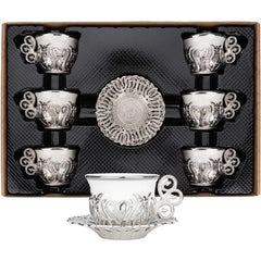  Showlu Fashion Store Turkish Coffee Cup Set, White Porcelain and Zinc Metal with Turkish Motifs, 6 Cups and Saucers (Gold)