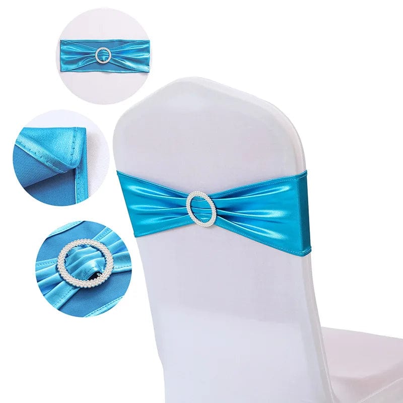 Showlu Fashion Store Turquoise / 10 pcs 10pcs/50pcs Metallic Gold Silver Stretch Spandex Chair Bow Sash Band With Round Buckle For Banquet Event Wedding Chair Sash Tie