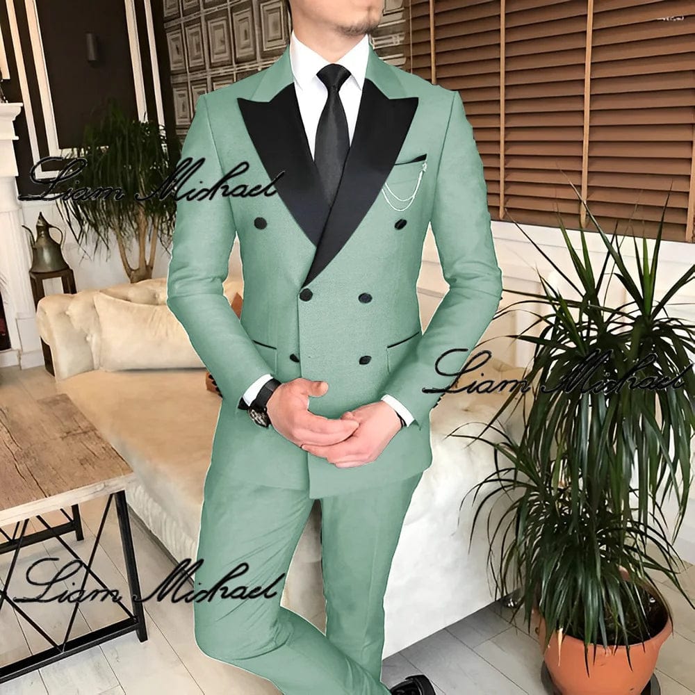 SHOWLU FASHION STORE Turquoise / 5XL(EU60OrUS50) Formal Suit for Men Double Breasted Blazer Pants 2 Piece Set Business Office Outfit Wedding Groom Tuxedo Party Dress