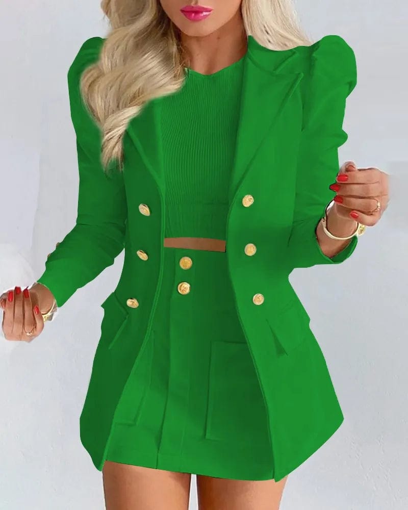  Showlu Fashion Store Turquoise / L Long Sleeve Suit Jacket Dress Set Spring Fashion Elegant Solid Turn Down Collar Coat Buns Two Piece Sets For Women Outfit 2023