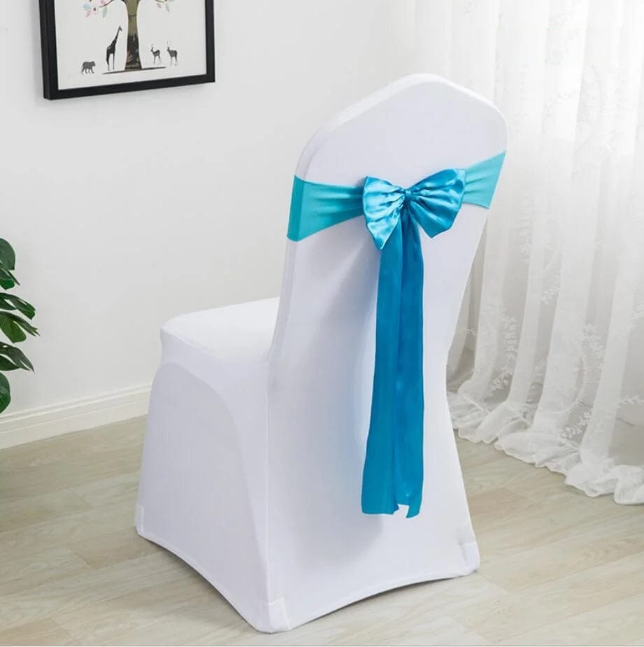  Showlu Fashion Store TURQUOISE Spandex Chair Sashes Wedding Ready Made Bow Tie Lycra Stretch Hotel Birthday Party Show Decoration On Sale Universal