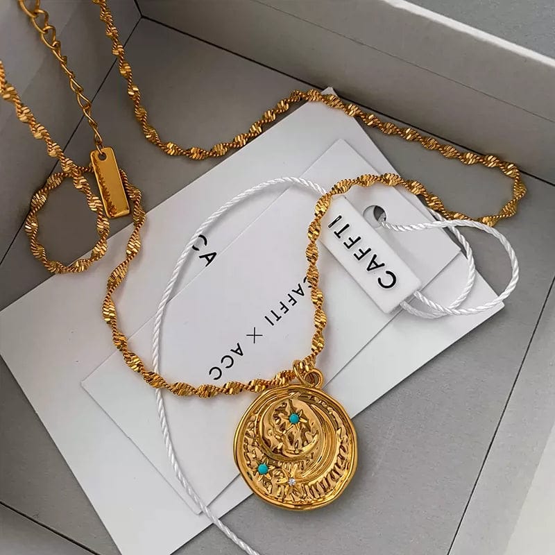  Showlu Fashion Store Turquoise Star Moon Necklace(The total length of about 46.5+5cm]) Fashion Turquoise Star Moon Necklace Women's Light Luxury Minority Vintage Gold Coin Non-Fading Pendant Twin Clavicle Necklace