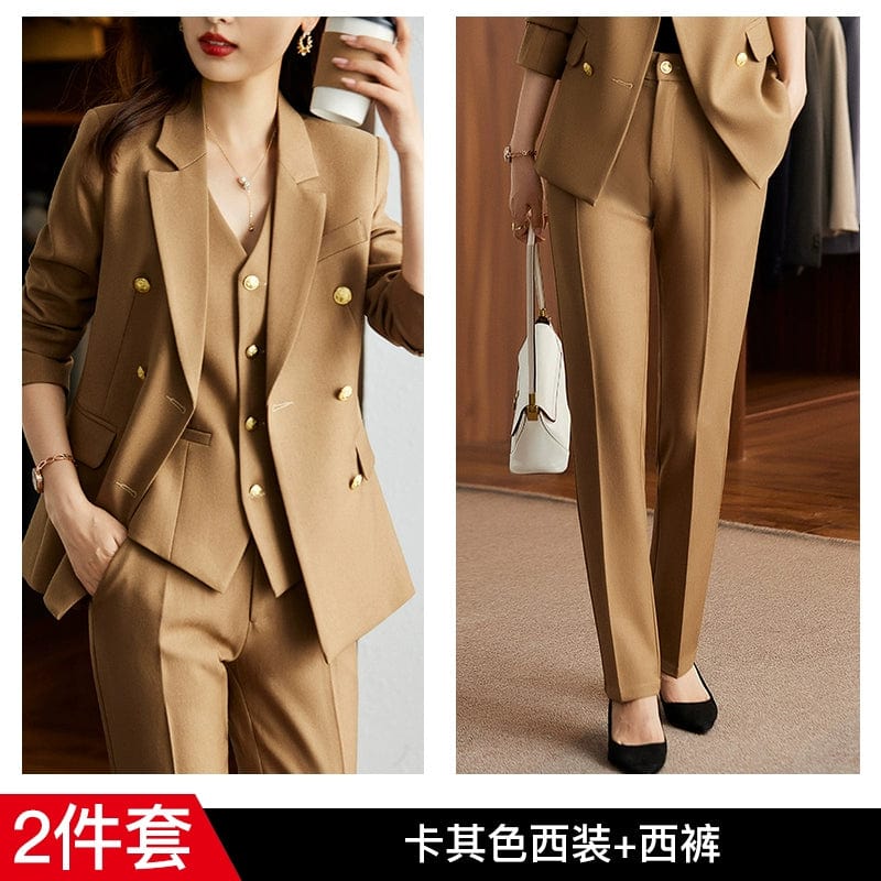 SHOWLU FASHION STORE [Two-piece set] khaki suit Outwear + Straight-leg pants / 3XL((67.50 kg-72.50 kg) Women's Coat for Interview Striped Suit