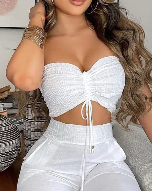 SHOWLU FASHION STORE Two Piece Set Women Outfit 2024 Summer Fashion Drawstring Bandeau Sleeveless Crop Top & Casual Shirred High Waist Pants Sets