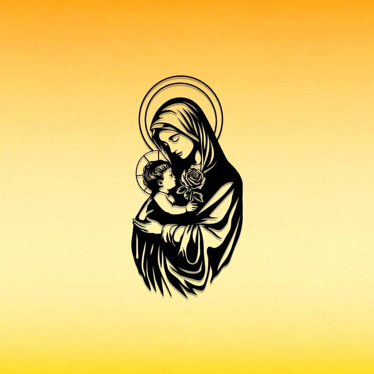 Black Hello Young Virgin Mary metal wall art, religious home decor featuring intricate design and craftsmanship.