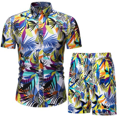  Showlu Fashion Store TZ01 / M Summer New Men's Casual Suit Korean Slim Short Sleeve Shirt Shorts Men's Beach Suits 2 Piece Set Hawaii Vacations Clothing