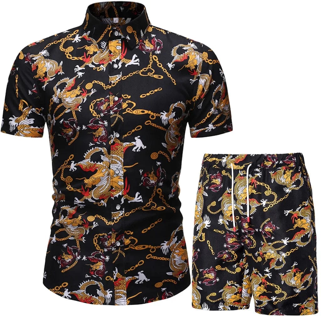  Showlu Fashion Store TZ02 / L Summer New Men's Casual Suit Korean Slim Short Sleeve Shirt Shorts Men's Beach Suits 2 Piece Set Hawaii Vacations Clothing