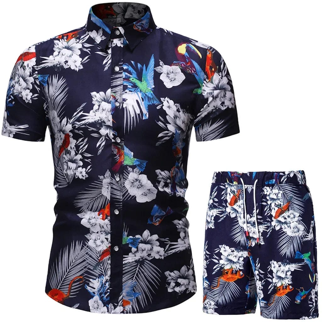  Showlu Fashion Store TZ04 / M Summer New Men's Casual Suit Korean Slim Short Sleeve Shirt Shorts Men's Beach Suits 2 Piece Set Hawaii Vacations Clothing