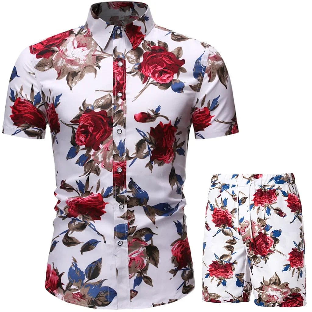  Showlu Fashion Store TZ07 / M Summer New Men's Casual Suit Korean Slim Short Sleeve Shirt Shorts Men's Beach Suits 2 Piece Set Hawaii Vacations Clothing