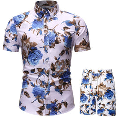  Showlu Fashion Store TZ08 / XXL Summer New Men's Casual Suit Korean Slim Short Sleeve Shirt Shorts Men's Beach Suits 2 Piece Set Hawaii Vacations Clothing