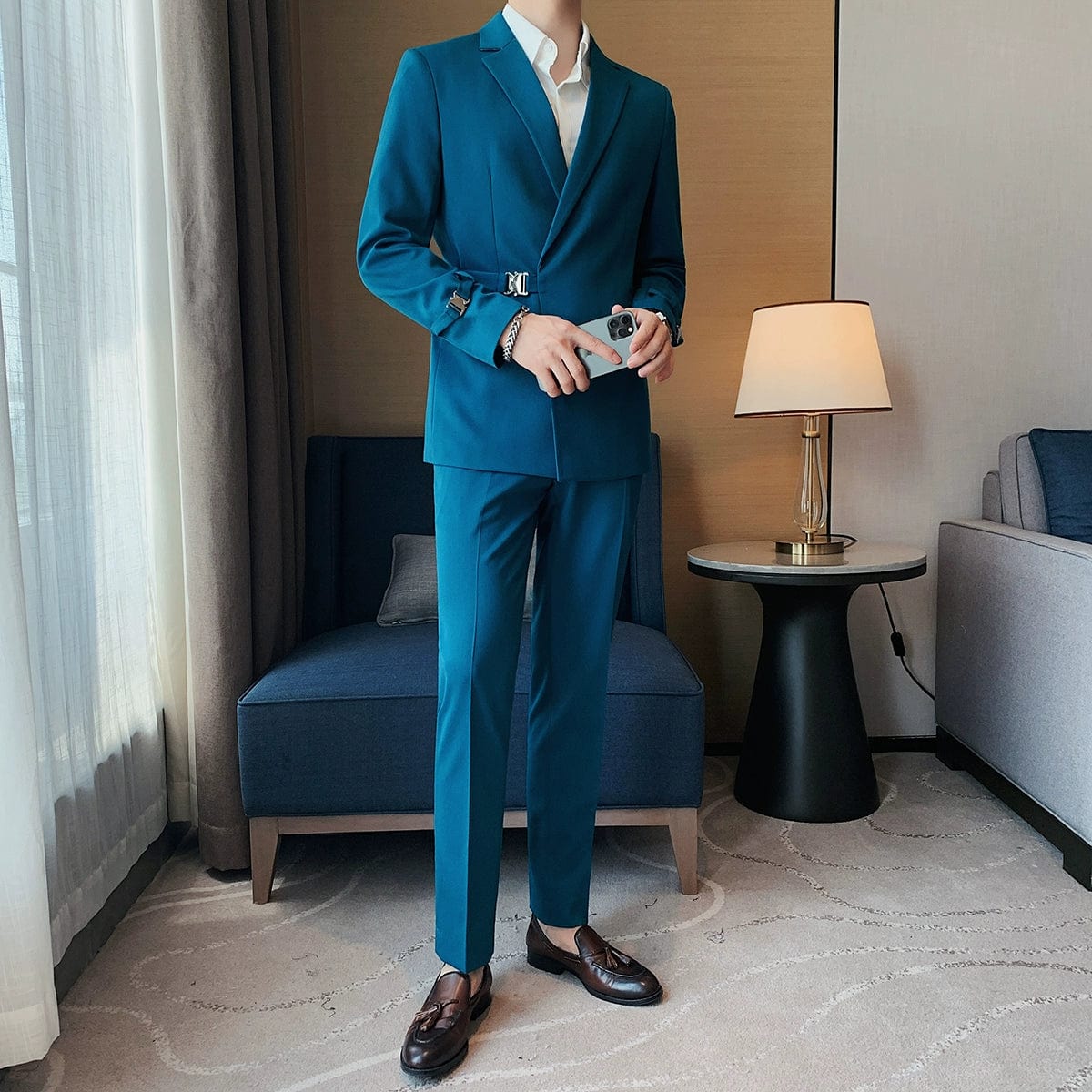 Showlu Fashion Store TZ09 Blue(Suit + suit pants) / L(55.00 kg-62.50 kg) Casual British Lightly Mature French Side Buckle Suit Outwear