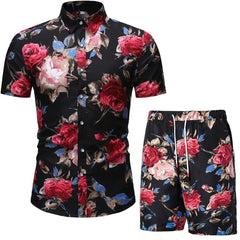  Showlu Fashion Store TZ09 / M Summer New Men's Casual Suit Korean Slim Short Sleeve Shirt Shorts Men's Beach Suits 2 Piece Set Hawaii Vacations Clothing