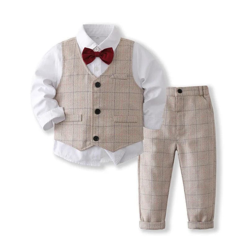 Showlu Fashion Store tze3616-khaki / 5T(120) Baby Boy Formal Suit Gentleman Clothes Sets Autumn Children Birthday Wedding Party Dress Suit Sets Bowtie Shirt+Vest+Trouser Set