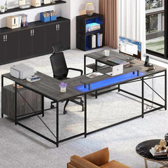 SHOWLU FASHION STORE U Shaped Desk with Power Outlets & LED Lights, 79" Reversible L Shaped Desk with Drawers, Corner Computer Office Desk